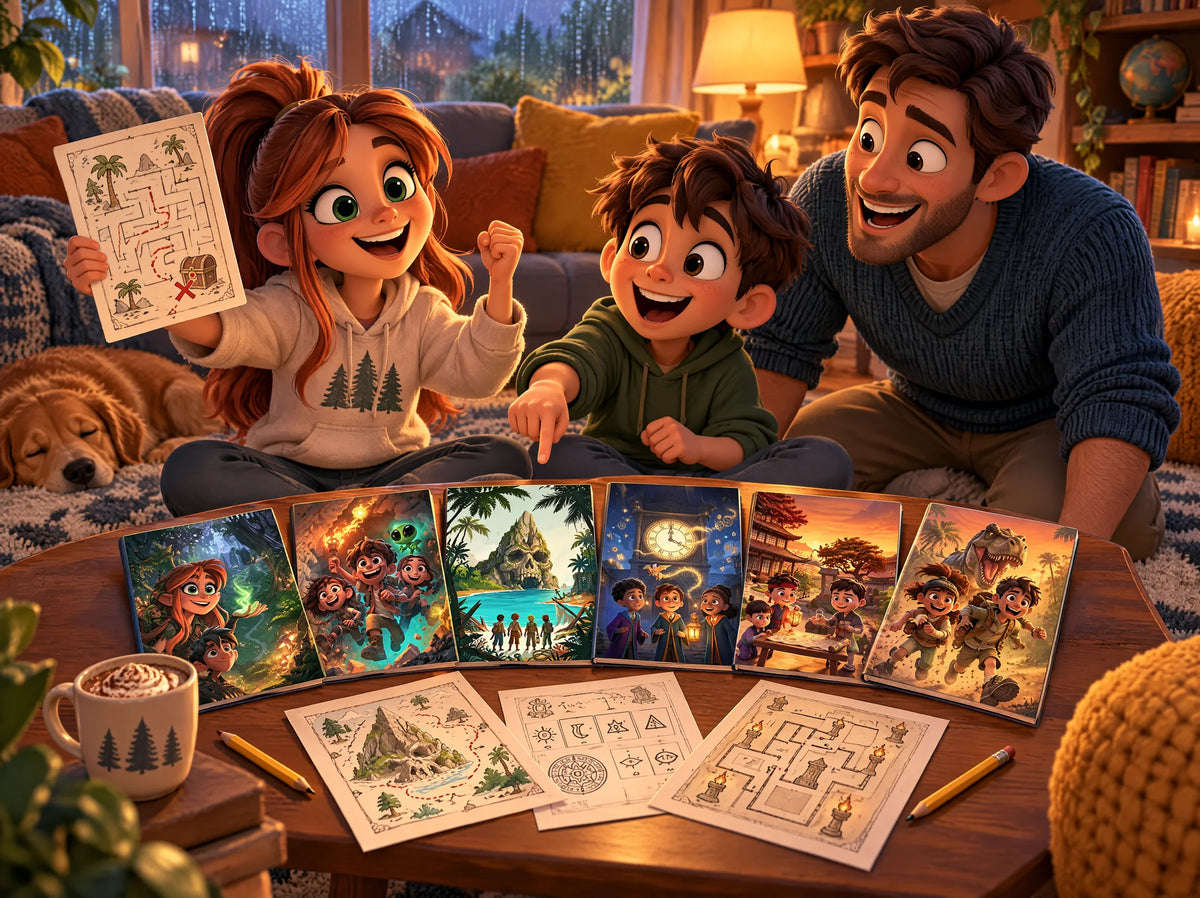 A family solving printable puzzle adventures together