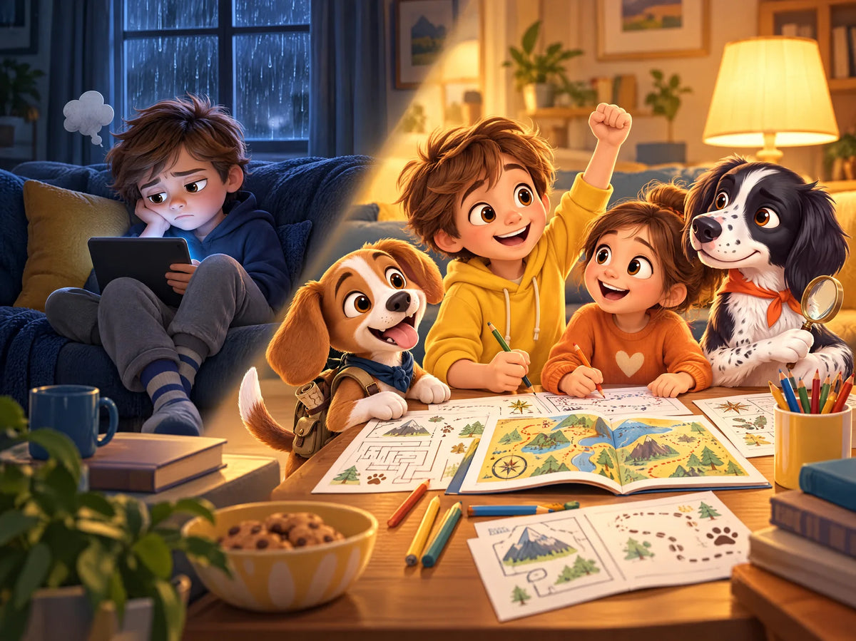 A bored child on a tablet vs. two kids happily solving printed Riddle Rovers puzzles with Rover and Ray